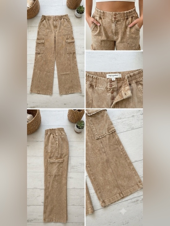 Flag & Anthem Pants - Flag & Anthem Wide Leg Utility Cargo Pants | Acid Wash Tan | Relaxed Fit XL